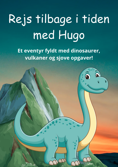 Forside til produktet "Rejs tilbage i tiden med Hugo", solnedgang bag et bjerg, grøn dinosaur i front.