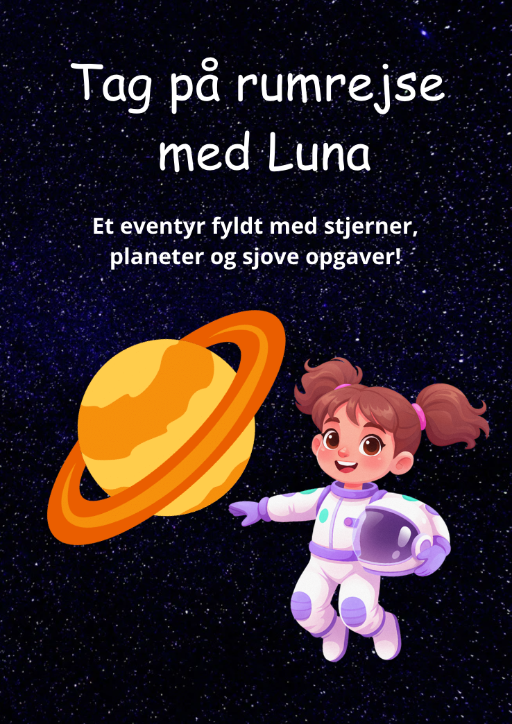 Forside til produktet "Tag på rumrejse med Luna", stjernebaggrund, planet og astronautpige. 