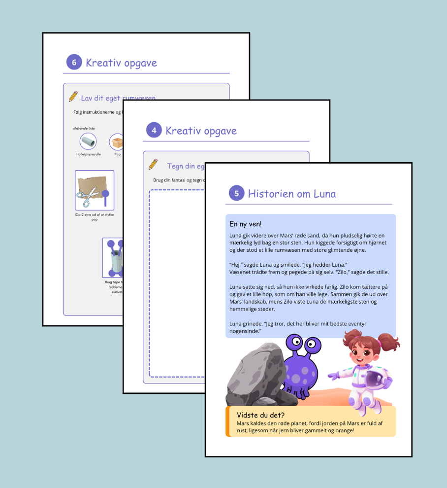 Indhold fra produktet "Tag på rumrejse med Luna", 3 sider med historier og diy aktiviteter.