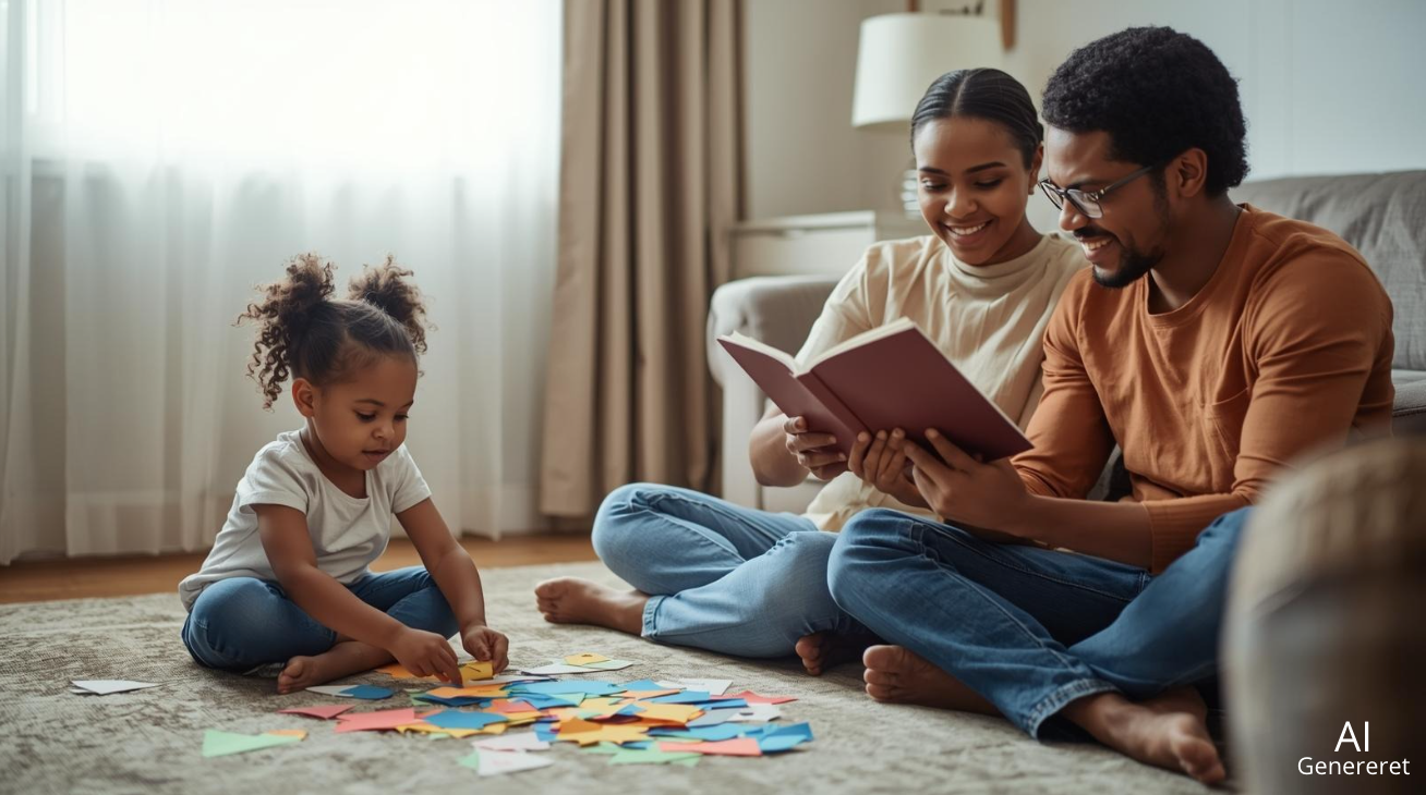 AI genereret billede, forældre sidder på gulv i stur og læser bog, mens barn laver krea