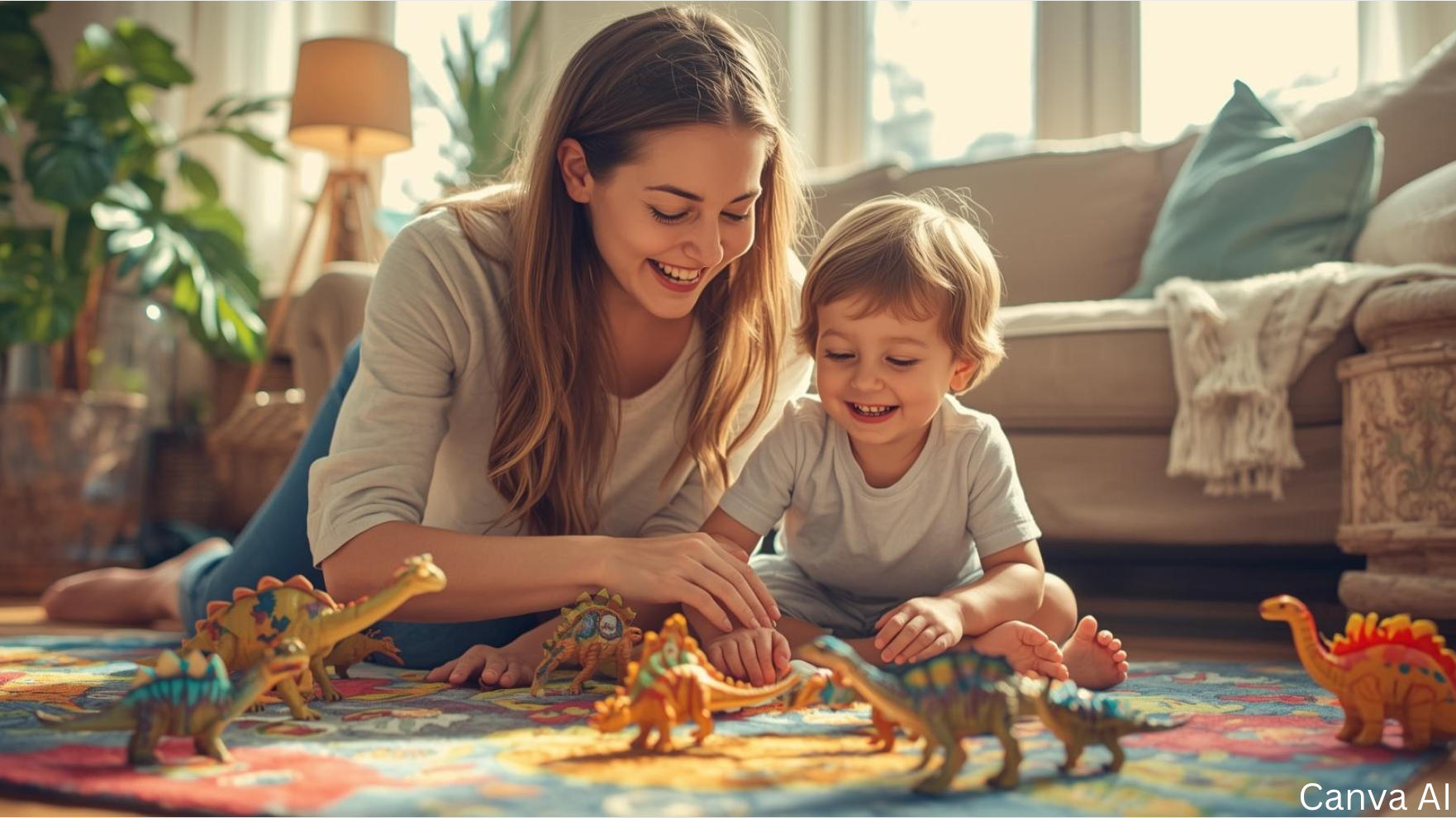 Historier i leg blogindlæg, mor og barn sidder på gulv og leger med dinosaurfigurer